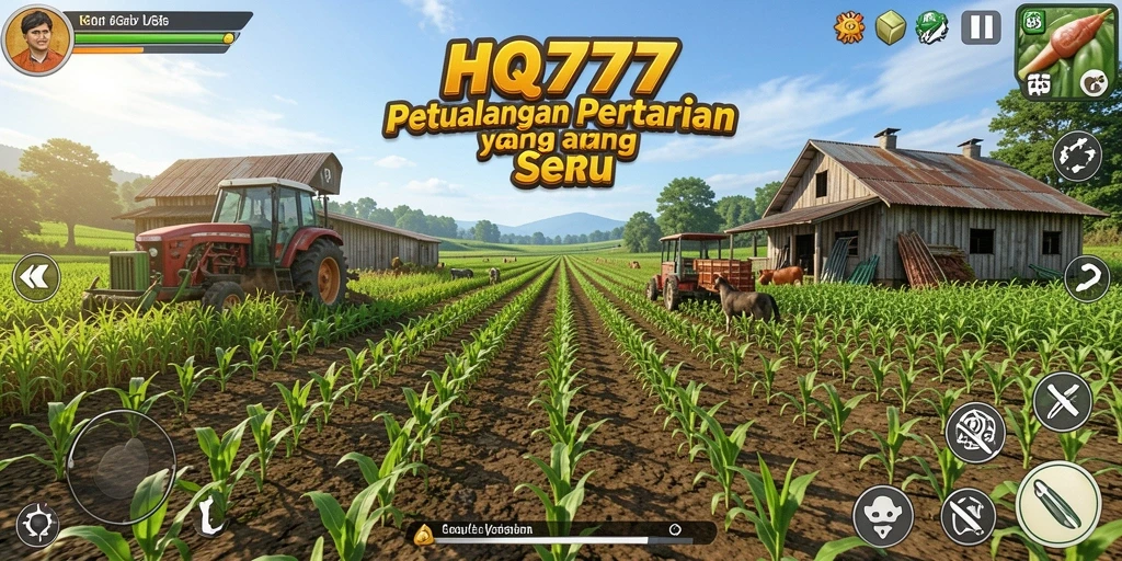 Screenshot gameplay HQ777 menampilkan lahan pertanian yang subur dan aktif.
