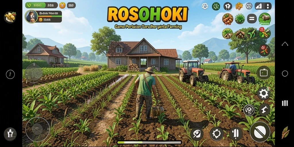 Tampilan gameplay seru di ROSOHOKI dengan aktivitas bertani.