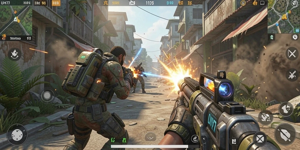 Gameplay UH77 menampilkan aksi pertarungan seru di medan perang.
